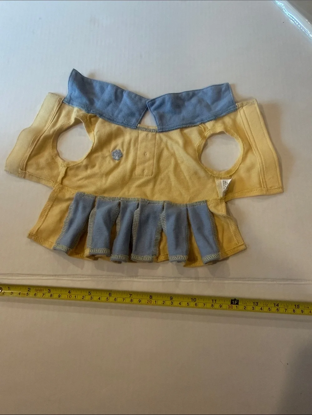 Yellow Pleated Pet Dress with Blue Trim